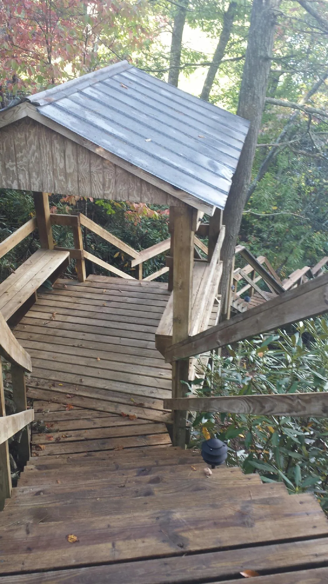 Metal roofed shelter over wooden steps on a wooded walkway — Skylight Repair & Installation work by our crew in Radnor